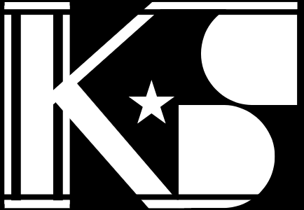 black and white logo with the letters K and an abstract S with a star imbetween